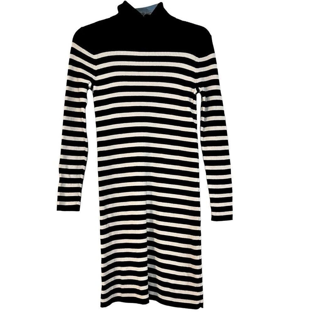Vince Camuto Black and White Striped Turtleneck Sweater Dress Medium